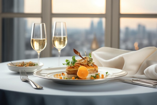 Cucina da ristorante raffinata ed elegante in colori pastello su sfondo chiaro IA generativa