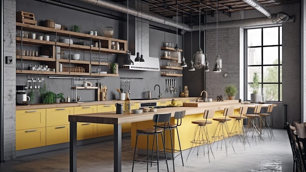 Cucina dal design d'interni moderno Camera in stile loft con arredi gialli e in legno scaffali aperti pareti in mattoni grigi Spazio domestico contemporaneo con sfondo di illustrazione di mobili IA generativa