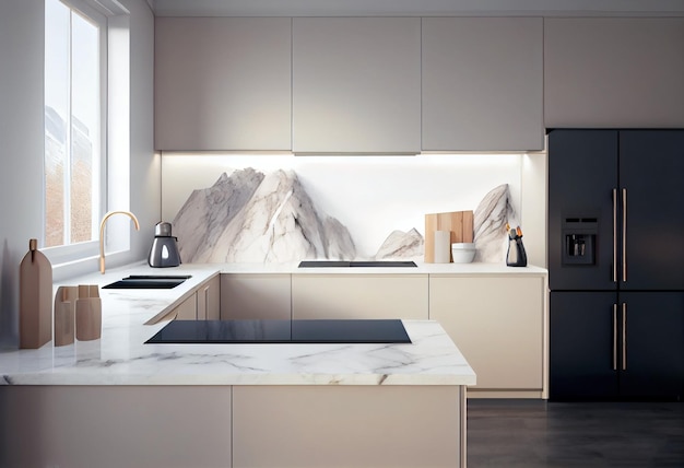 Cucina dal design minimale con armadio armadio con parete paraspruzzi in piastrelle quadrate bianche per cucinare AI Generato