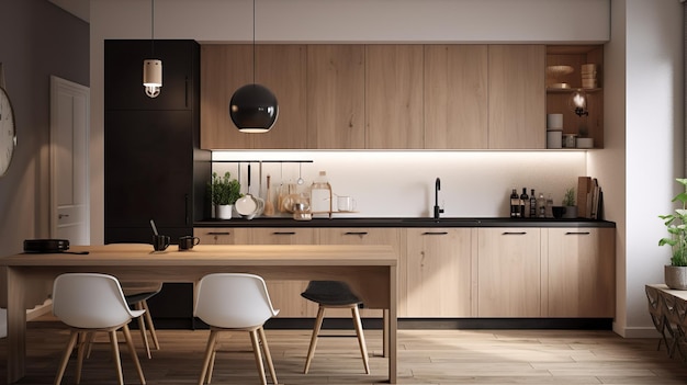 Cucina dal design moderno degli interni Camera con tavolo da pranzo e angolo cottura frigorifero nero e arredamento in legno Spazio domestico contemporaneo con sfondo dell'illustrazione dei mobili AI generativa