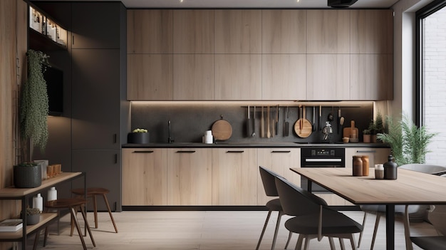 Cucina dal design moderno degli interni Camera con zona pranzo e cucina elettrodomestici e arredi in legno in appartamento Spazio domestico contemporaneo con sfondo di illustrazione di mobili IA generativa