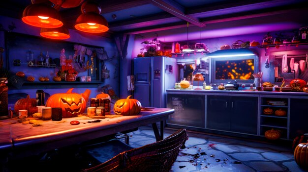 Cucina decorata per Halloween con zucche sul tavolo e luci su Generative AI