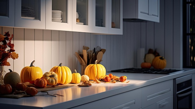 cucina decorata per l'autunno con zucche e foglie arancioni
