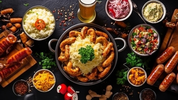 Cucina dell'Oktoberfest Salatini salsiccia di crauti purè di patate e birra sono cibi tradizionali tedeschi per le vacanze AI generativo vista dall'alto tavolo nero