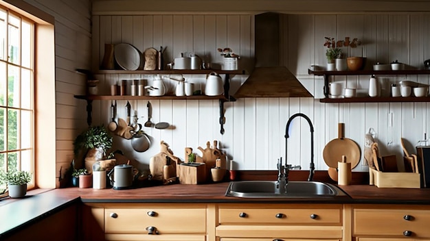 Cucina di campagna con lavandino e scaffali aperti