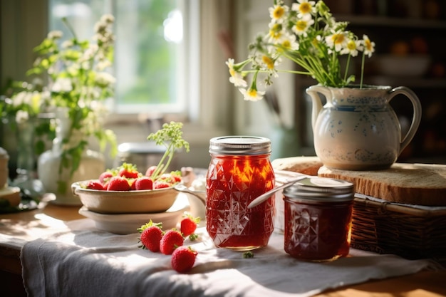 Cucina di campagna con marmellata di fragole pane fresco e fiori su un tavolo soleggiato