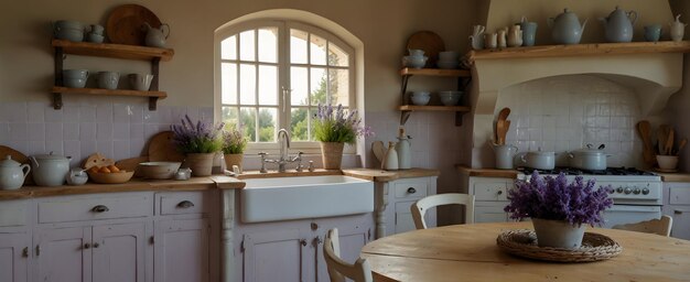 Cucina di campagna francese con bouquet di lavanda e tonalità pastello Disegno d'interno realistico con provato