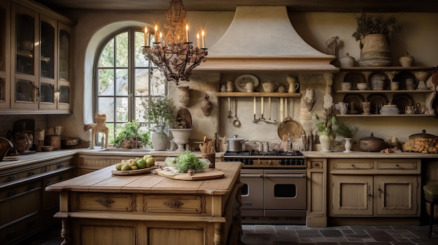 Cucina di campagna francese di eleganza rustica con accenti antichi senza tempo