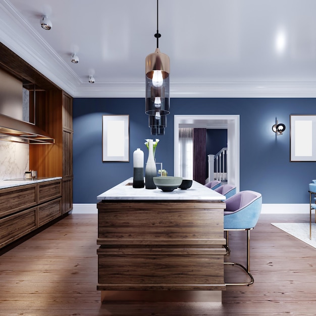 Cucina di design alla moda con isola con piano di lavoro in marmo, cucina nei colori blu e marrone, mobili in legno. Rendering 3D.