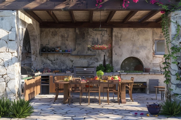 Cucina e sala da pranzo all'aperto di ispirazione mediterranea