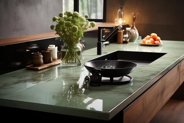 Cucina elegante e lussuosa con cassetto verde salvia, lavandino e induzione