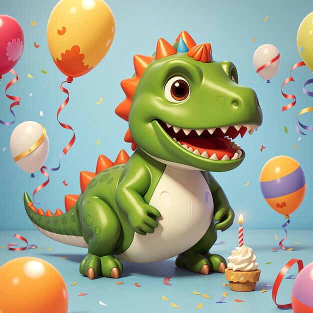 Cucina festa di compleanno di dinosauro con palloncino cartone animato icona vettoriale illustrazione vacanza animale isolato