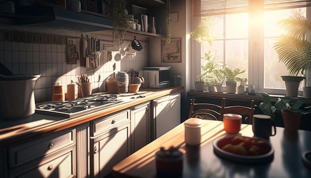 Cucina fotorealistica durante la luce del sole diurna