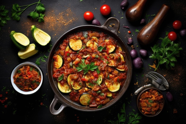 Cucina francese Ratatouille stufato di verdure di melanzane a fette zucchine cipolla patate e pomodori