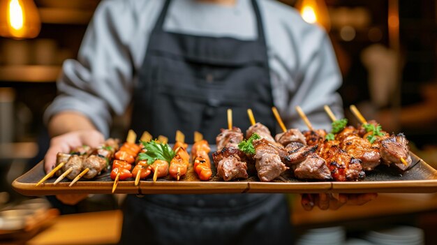 Cucina giapponese Yakitori con spazio di copia Cameriere che servono in movimento in servizio nel ristorante Il cameriere porta i piatti