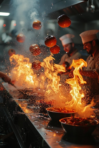 Cucina gourmet in azione con i cuochi sfocati mentre cucinano