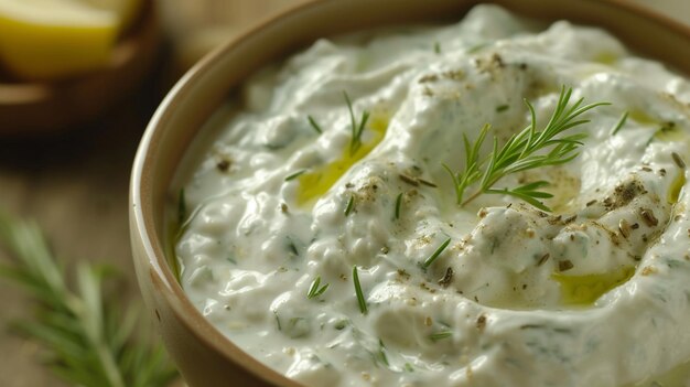 Cucina greca Tzatziki Salsa primo piano estrema vista dall'alto