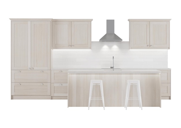 Cucina in legno isolata su sfondo bianco. Rendering 3D.