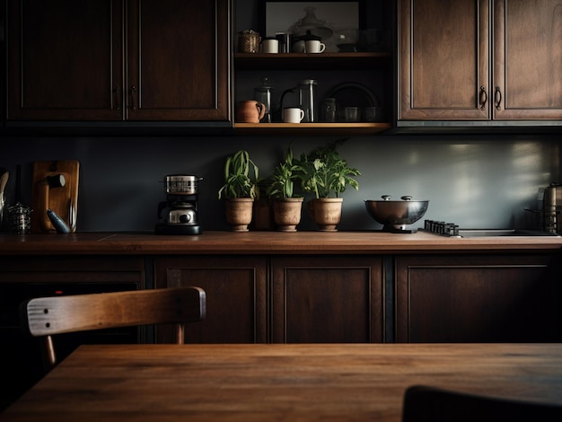 Cucina in legno scuro con decorazioni eleganti Generato dall'intelligenza artificiale