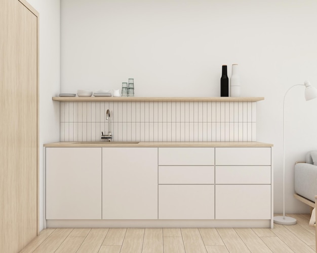 Cucina in stile Japandi decorata con armadio bianco minimalista rendering 3d