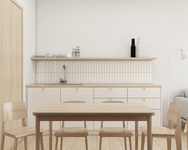 Cucina in stile Japandi decorata con tavolo da pranzo minimalista rendering 3d