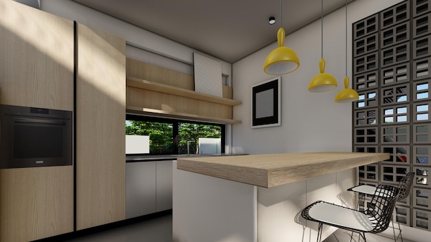 Cucina in stile moderno con un piano di lavoro leggero con illustrazione 3d dell'isola dell'armadio della stufa del lavello