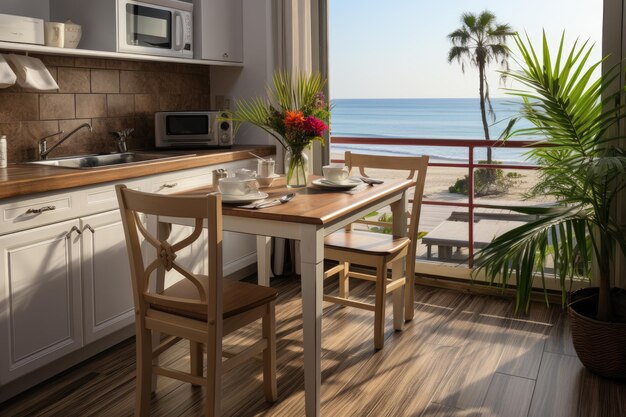 cucina interna nella locanda minimalista sulla spiaggia fotografia pubblicitaria professionale