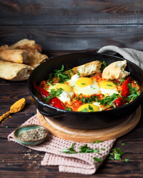 Cucina israeliana Shakshuka all'uovo con pomodori e condimenti Piatto caldo israeliano Colazione a Tel Aviv