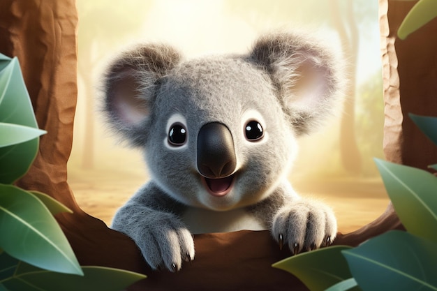 Cucina koala sullo sfondo della foresta illustrazione 3D