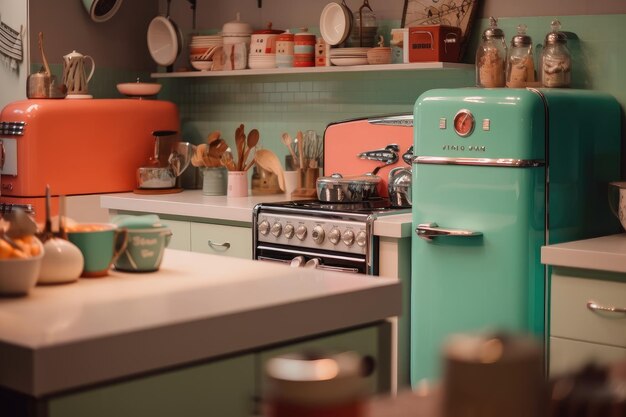 Cucina Lofie con elettrodomestici retrò e accessori vintage creati con intelligenza artificiale generativa