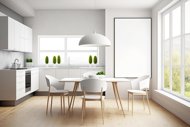 Cucina luminosa con tavolo da pranzo con vista sulla città panoramica poster bianco vuoto con quattro sedie e pavimento in legno di quercia Minimalismo Mockup