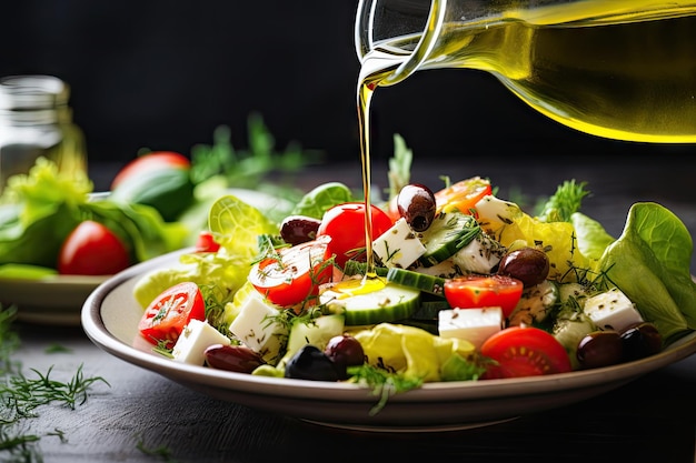 Cucina mediterranea Insalata greca con olio d'oliva su verdure fresche servite su un tavolo bianco con lui