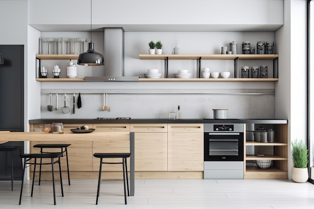 Cucina minimalista con elettrodomestici eleganti e alla moda, scaffalature aperte e decorazioni minimaliste