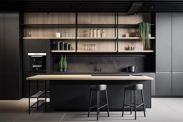 Cucina minimalista con elettrodomestici eleganti e moderni, scaffalature aperte e decorazioni minimali