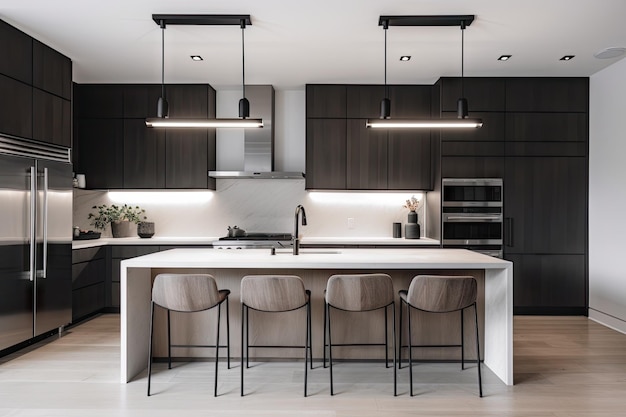 Cucina minimalista con elettrodomestici eleganti, linee pulite e illuminazione di tendenza