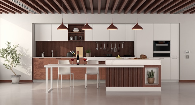 Cucina minimalista in legno con isola e sedie