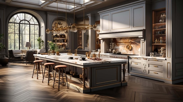Cucina moderna bianca e marrone con isola di legno rendering 3D