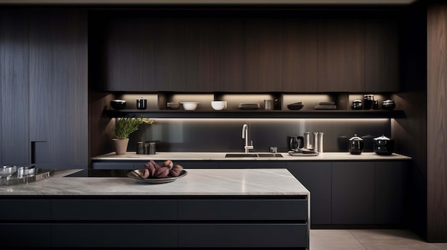 Cucina moderna bianca e marrone con isola di legno rendering 3D