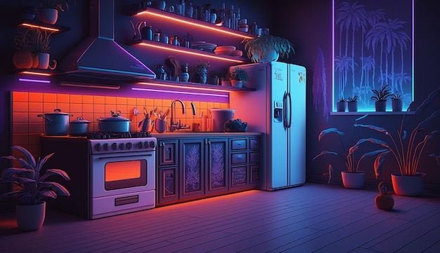 Cucina moderna camera luce al neon illustrazione interior design AI Immagine generata