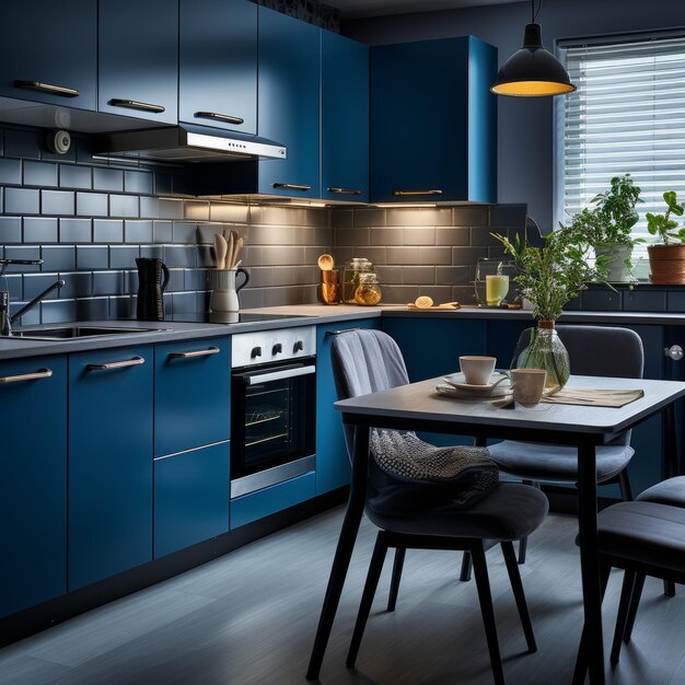 Cucina moderna con armadietti blu e tavolo da pranzo