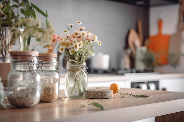 Cucina moderna con bancone in marmo e frutta e verdura sul tavolo stile di vita sano Genera ai