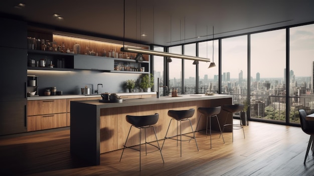 Cucina moderna con bar per la colazione in un appartamento di lusso urbano Pavimenti in legno facciate in legno bancone bar con sgabelli da bar finestre dal pavimento al soffitto con vista sulla città rendering 3d