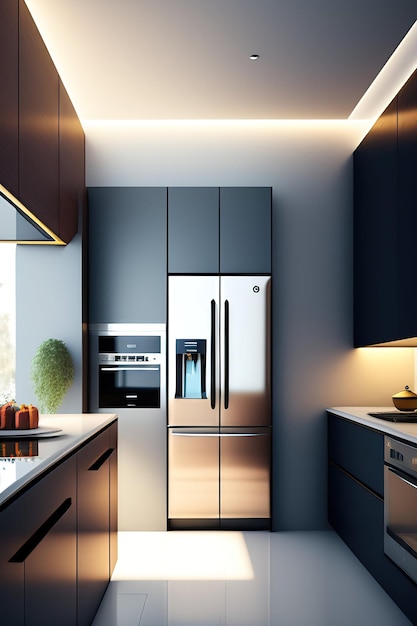 Cucina moderna con frigorifero e accessori da cucina