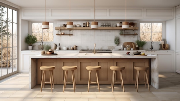 Cucina moderna con isola di marmo e sgabelli di legno