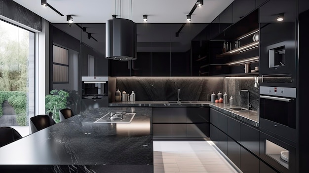 Cucina moderna con mobili neri e pavimento in legno ai generativa