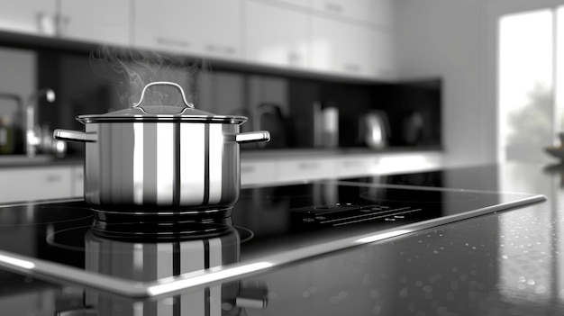 Cucina moderna con pentola a vapore su piano di cottura a induzione