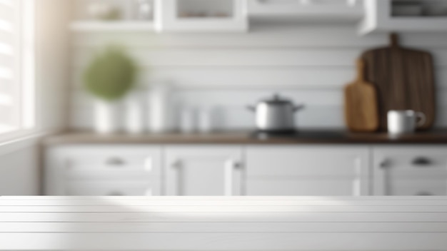 Cucina moderna con tavolo in legno bianco vuoto per la visualizzazione del prodotto su sfondo cucina IA generativa