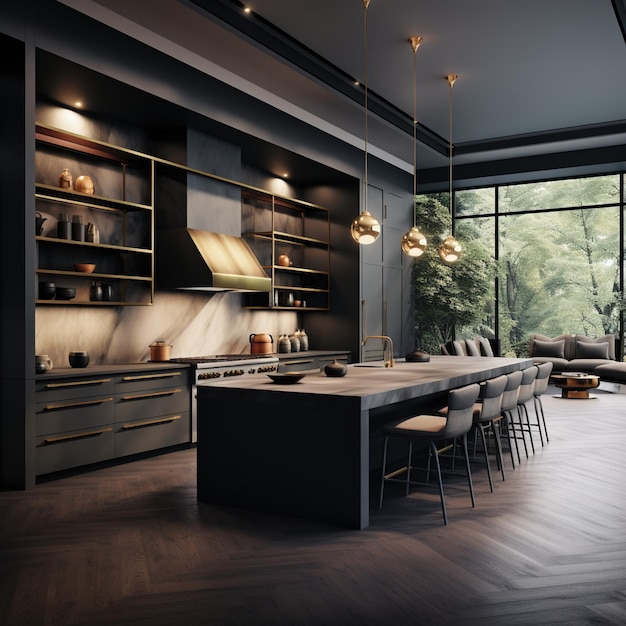 Cucina moderna di lusso con armadi scuri e accenti in ottone