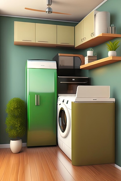 Cucina moderna di lusso e lavanderia con bancone, armadietti, frigorifero, lavatrice