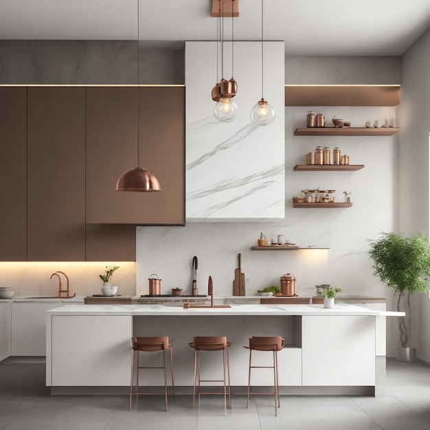 Cucina moderna in legno con dettagli in legno e finestra panoramica disegno d'interni minimalista bianco